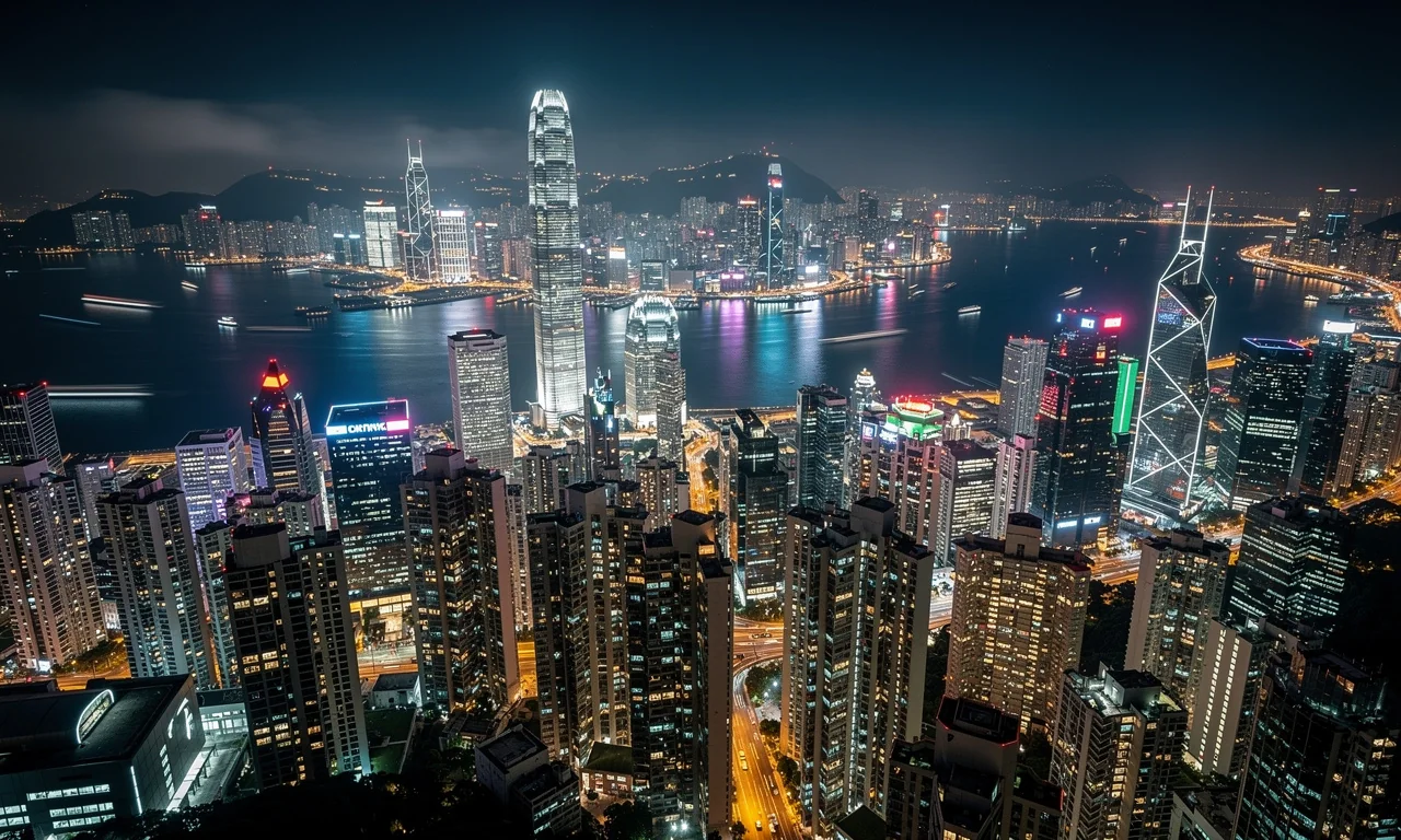 Vue du centre financier de Hong Kong avec gratte-ciels et port Victoria