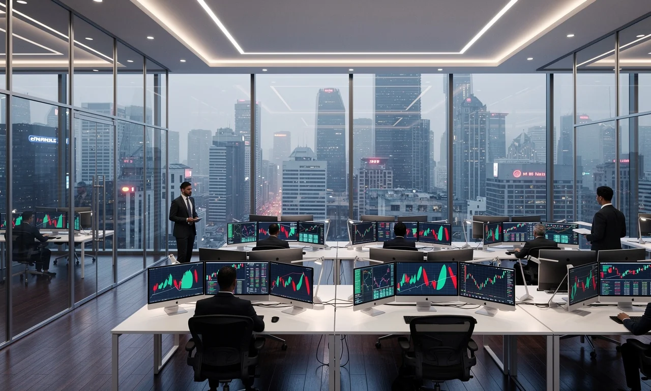 Salle de marché et écrans de cotation d'une bourse internationale
